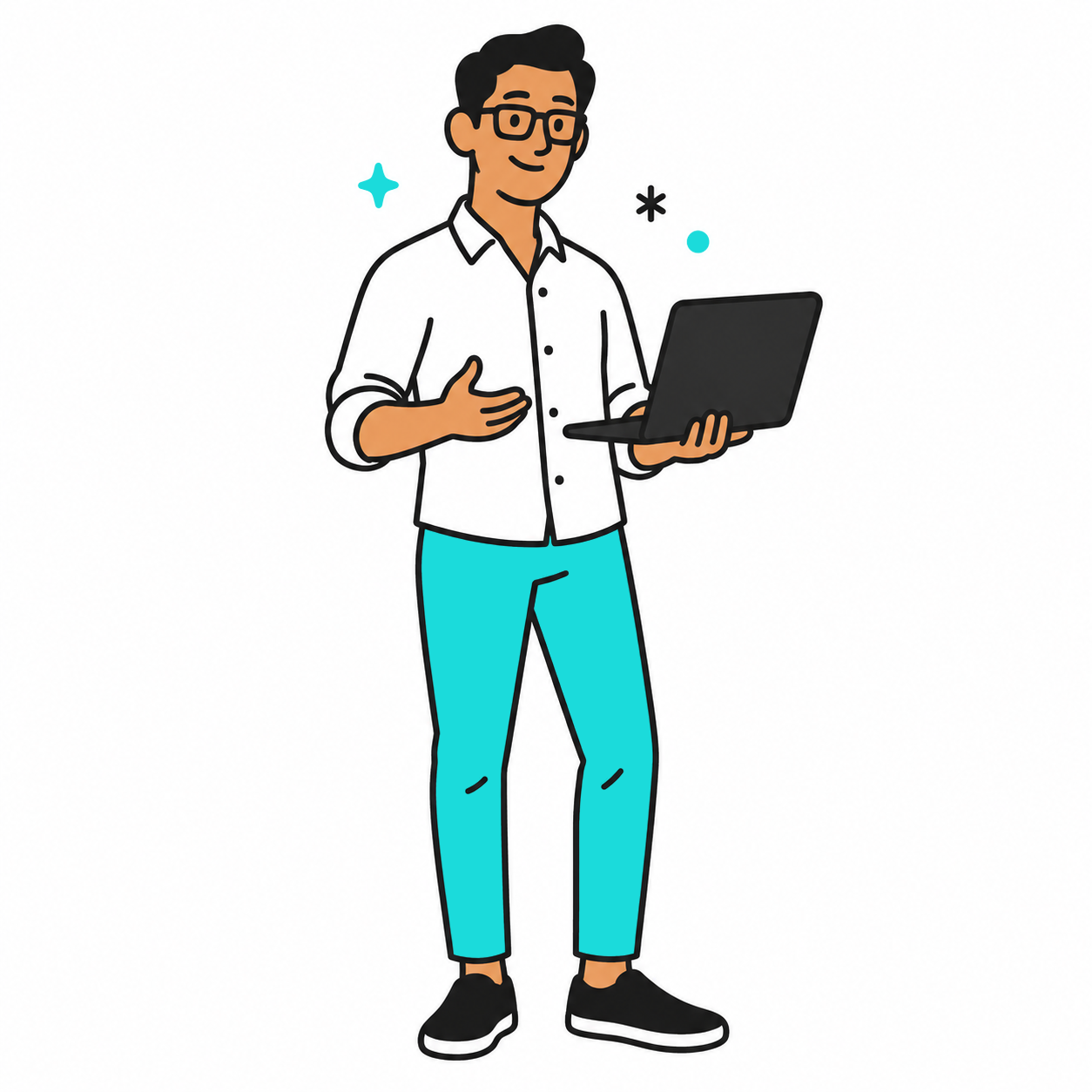 Neo Smith, wearing glasses and teal trousers, confidently holding his laptop.